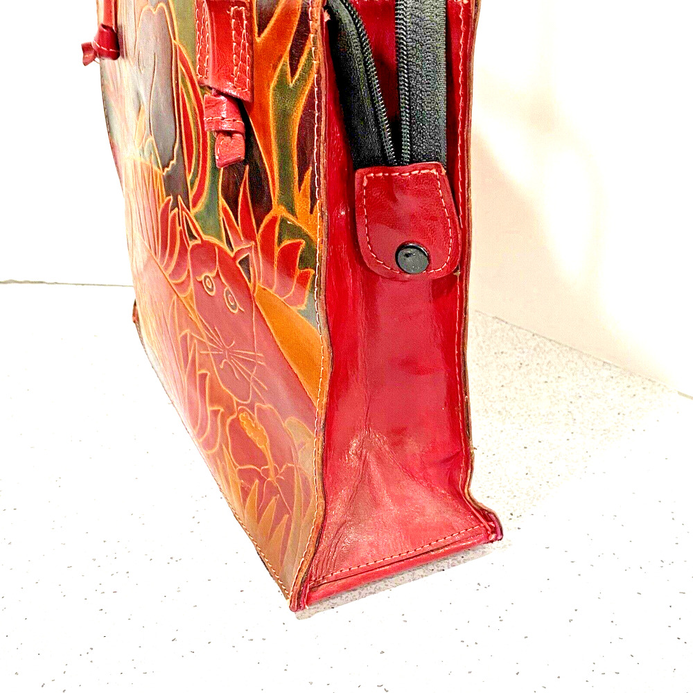 Vintage Hand Painted & Tooled Leather Two Handle Tote Bag Purse Elephant Animals - Picture 4 of 10